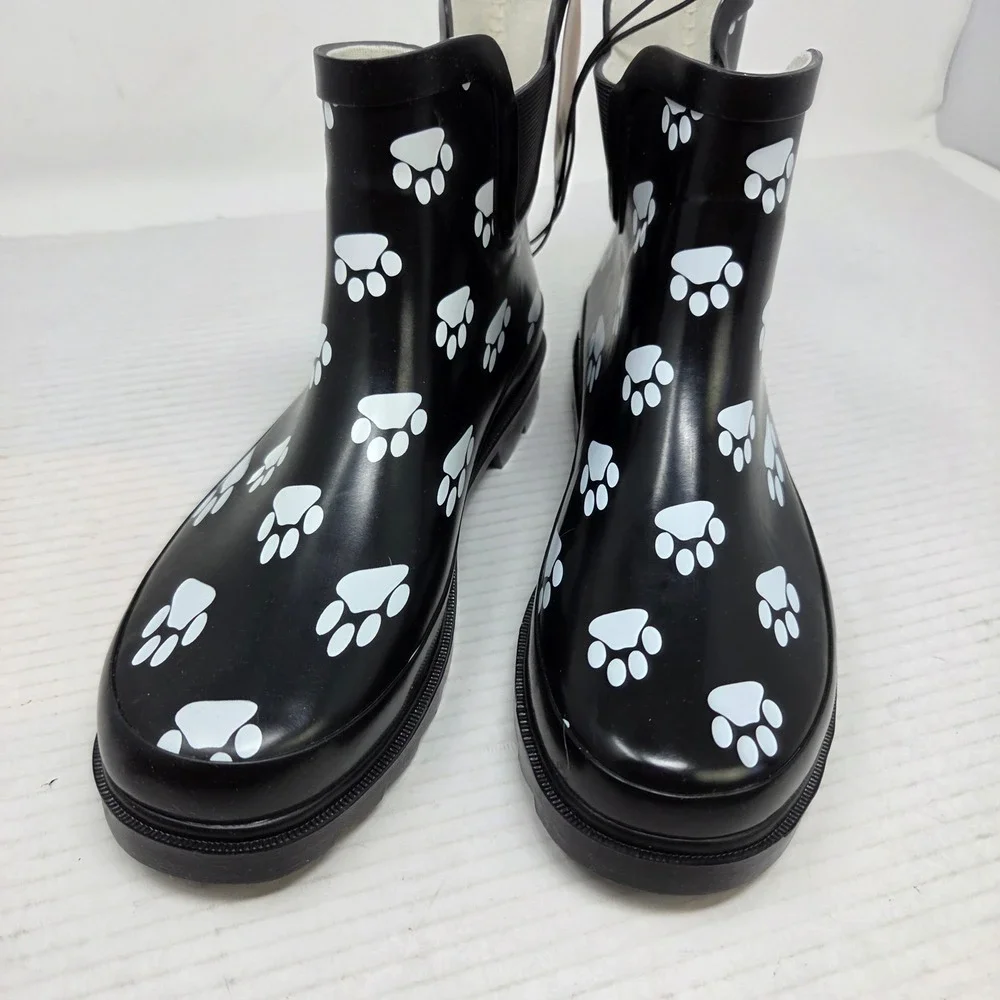 Norty Rain Boots Women 8 Black Paw Print Waterproof Chelsea Lug Sole 654 NWT - Picture 4 of 16